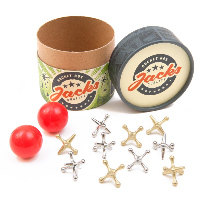 Rocket Box Jacks Game: Retro Toys, Vintage, Classic Games of Jacks, Gold and Silver Toned Jax, Two Red Bouncy Balls, Fun Toys for Kids and Adults of All Ages. Family Board Games Night. Travel Size. - Image 2